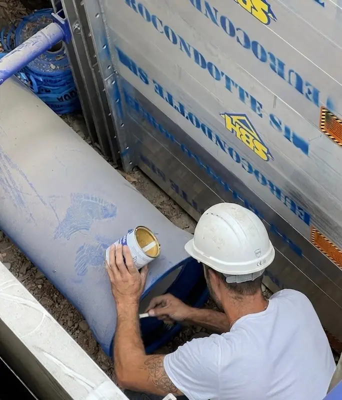 Operatore al lavoro sulla tubazione protetto dai pannelli in alluminio